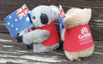 Clip-on koalas in colored jackets with country flags